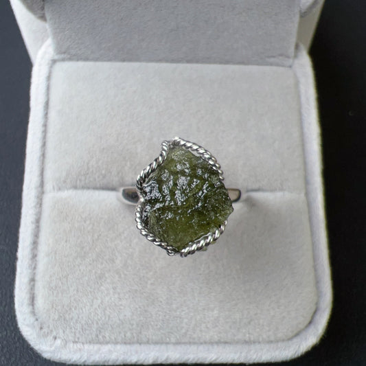 Genuine Moldavite Raw Stone Ring 925 Sterling Silver Wrapping | Rare High-Frequency Healing Stone