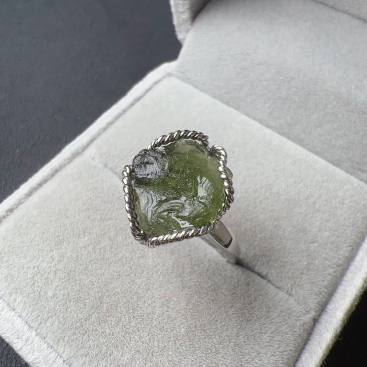 Handmade Genuine Moldavite Raw Stone Ring 925 Sterling Silver Wrapping | Rare High-Frequency Healing Stone