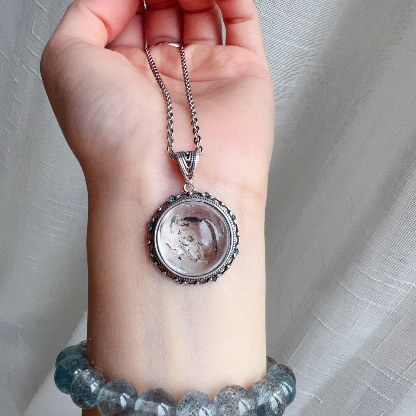 Good Clarity Water Enhydro Quartz Crystal Pendant Necklace Handmade With 925 Sterling Silver
