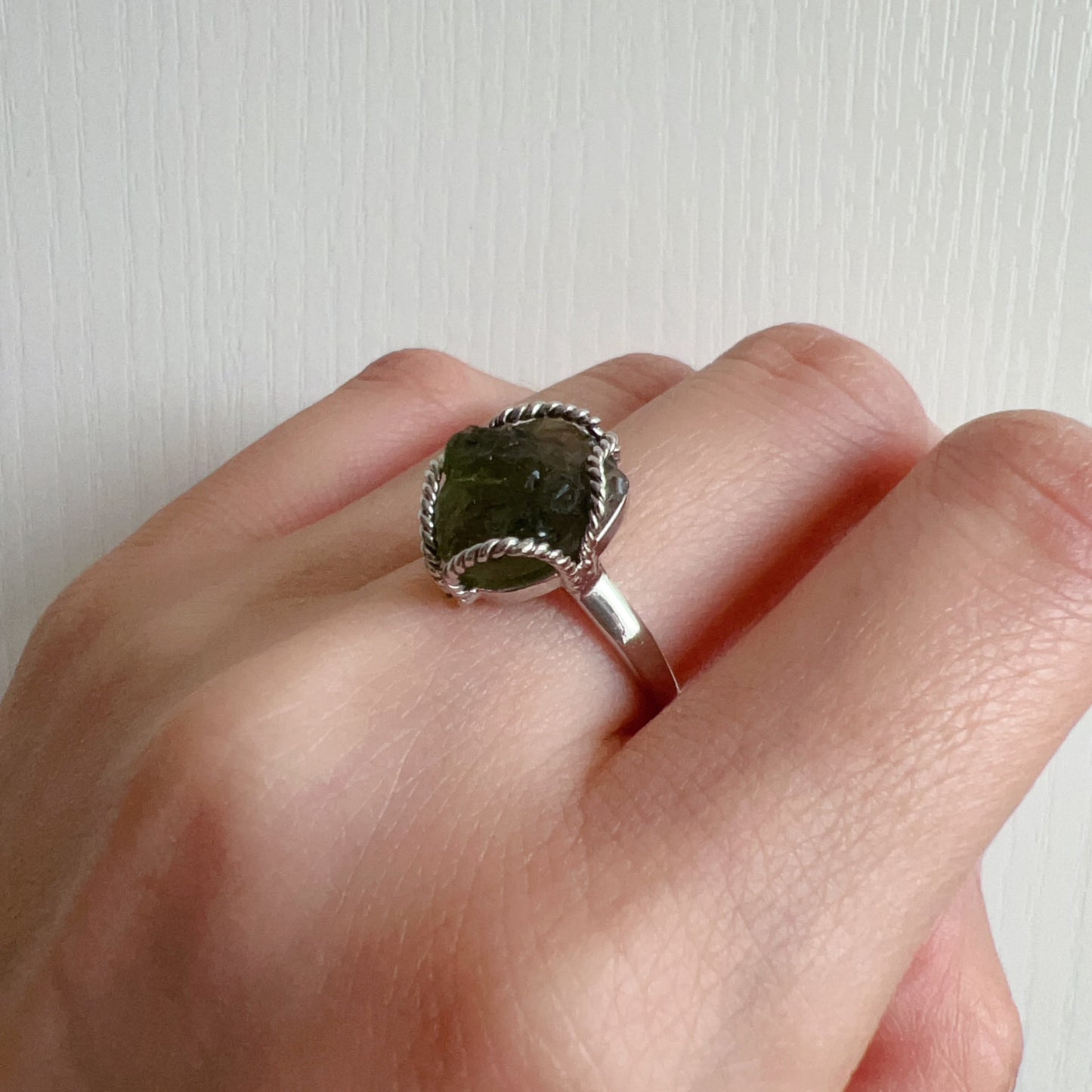 Handmade Genuine Moldavite Raw Stone Ring 925 Sterling Silver Wrapping | Rare High-Frequency Healing Stone