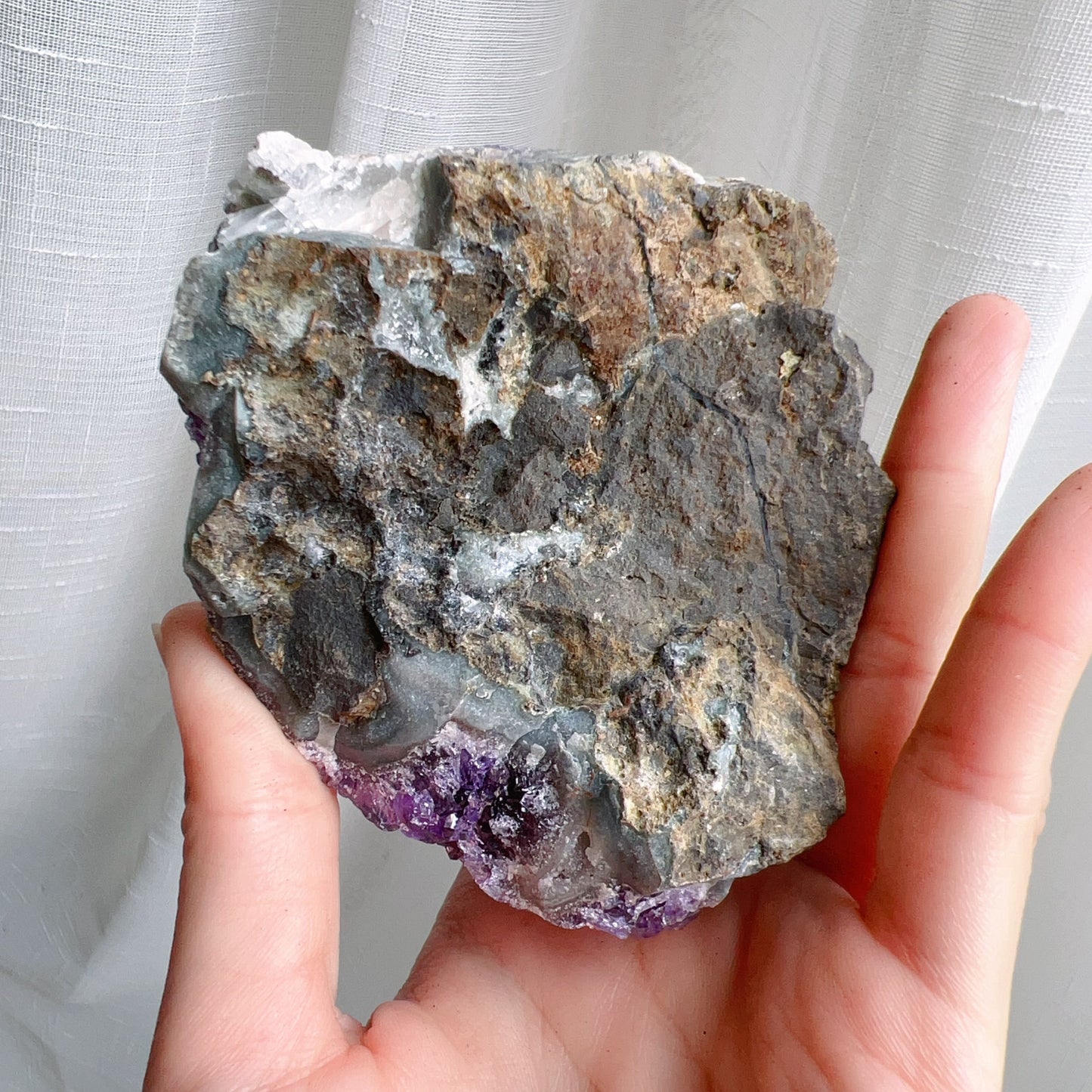 429.6G Natural Amethyst Raw Stone Geode With Calcite Crystal Inclusion