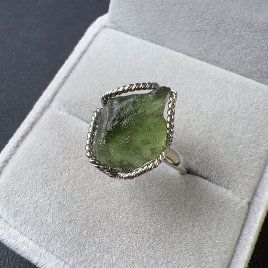 Best Green Color Genuine Moldavite Raw Stone Ring Handmade With 925 Sterling Silver Wrapping | Rare High-Frequency Healing Stone