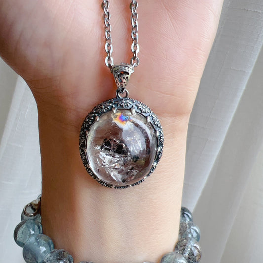 Rare Large Black Sand Enhydro Clear Quartz Pendant Necklace Handmade With 925 Sterling Silver