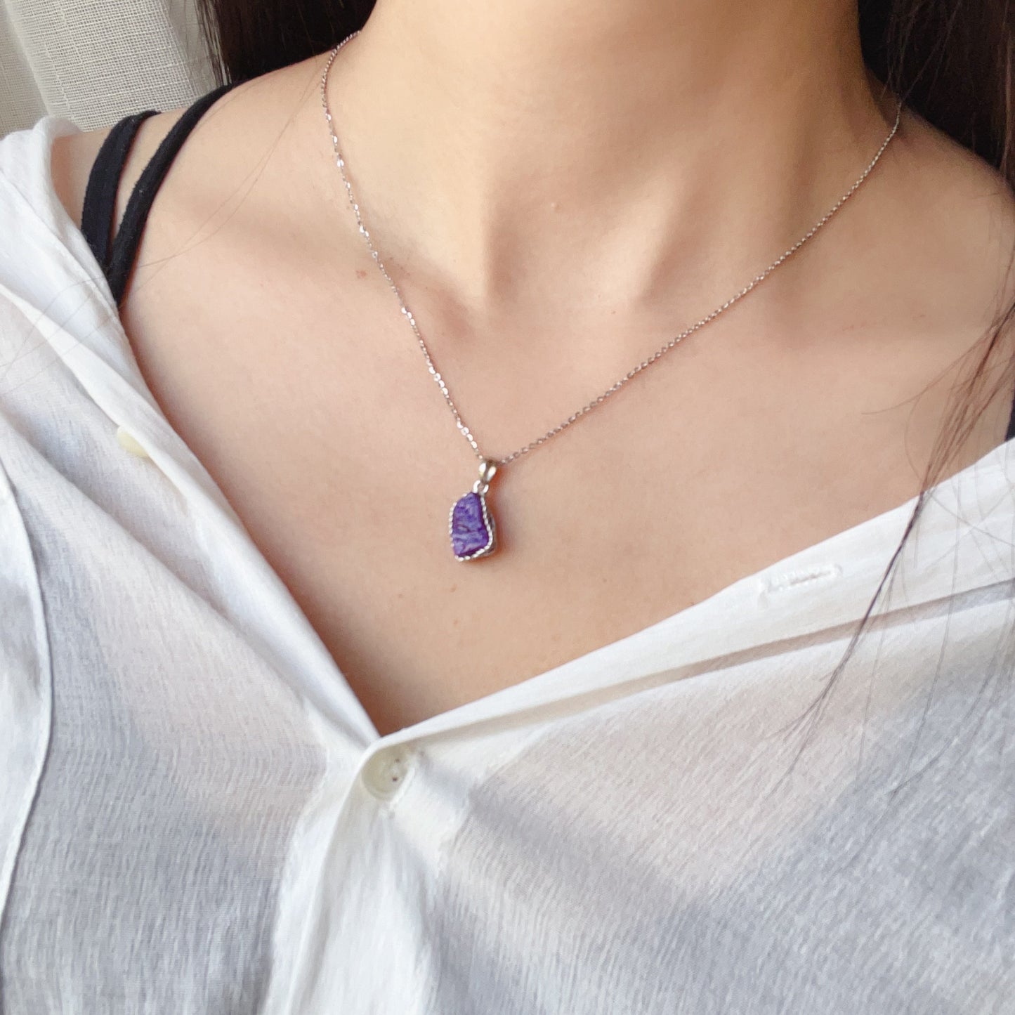 Natural Royal Purple Sugilite Raw Stone Pendant With Sterling Silver Wrap | Body Detox Remove Negativity