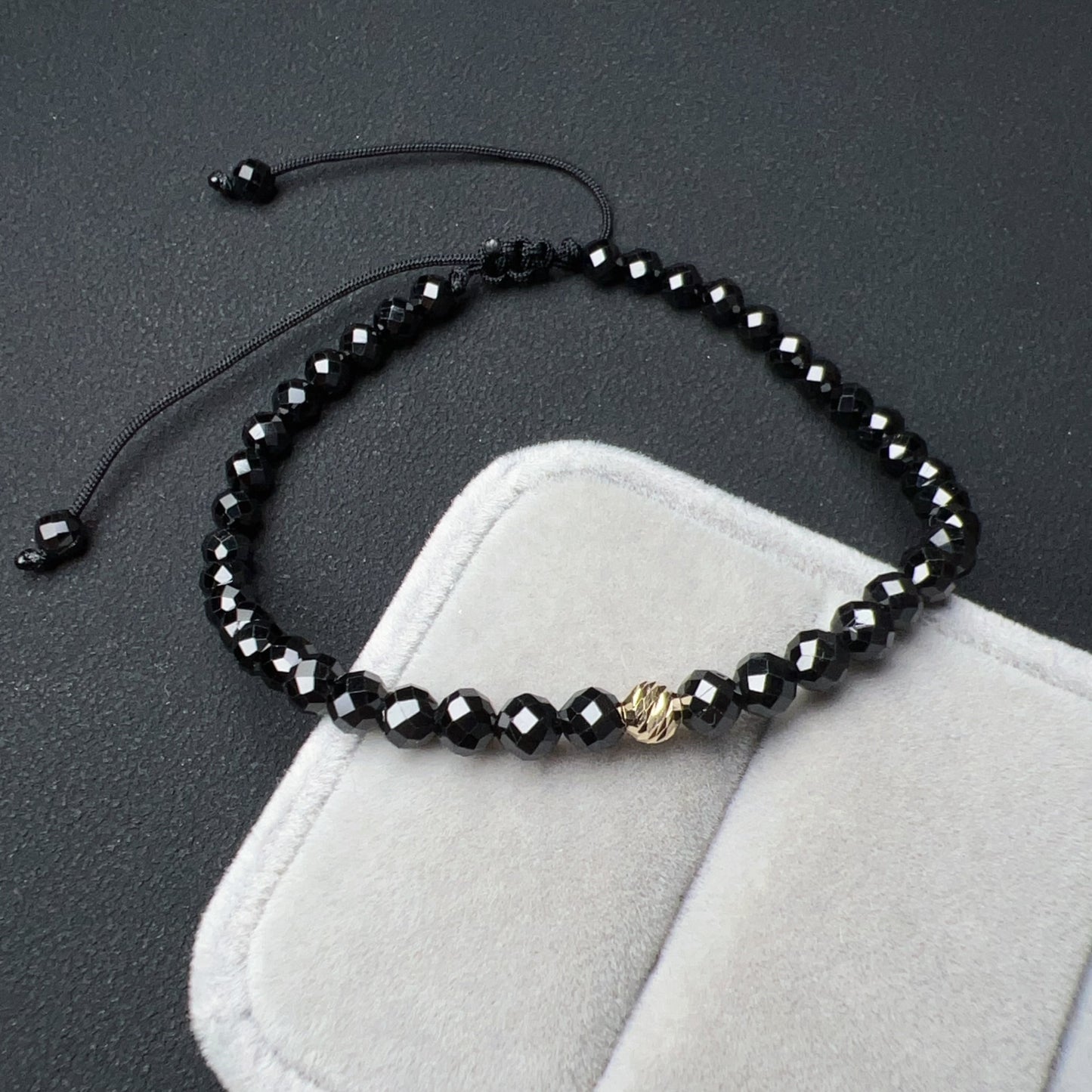 4Mm Top Grade Faceted Black Tourmaline Drawstring Bracelet With 18K Yellow Gold Bead | Handmade Healing Fashion Jewelry