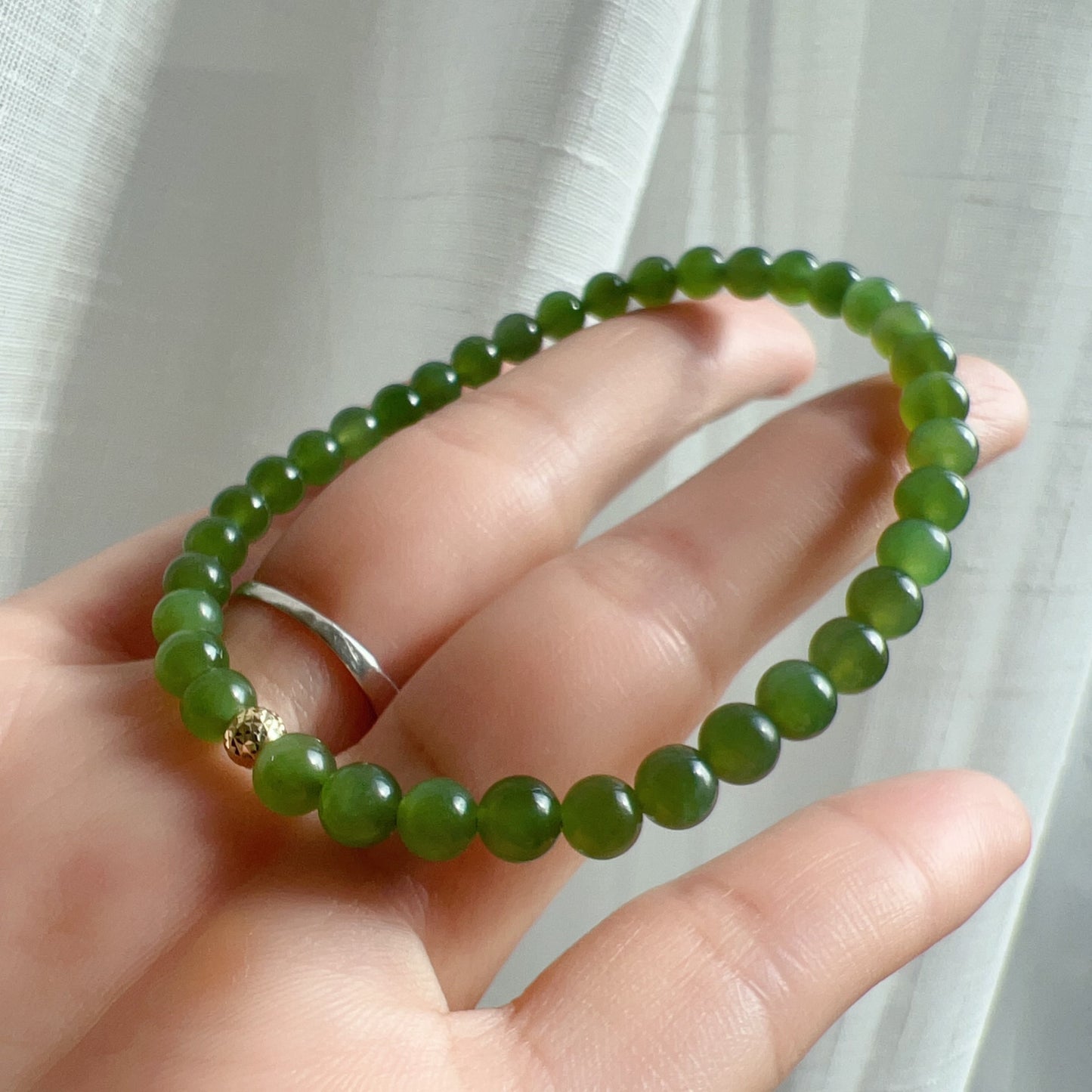 Green Nephrite Jade Bracelet With 18K Yellow Gold Faceted Bead | Natural Heart Chakra Healing Jewelry
