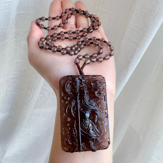 Top Grade Ice Obsidian Guan Yu Pendant With 5.5Mm Beaded Necklace | Grounding Protection Jewelry