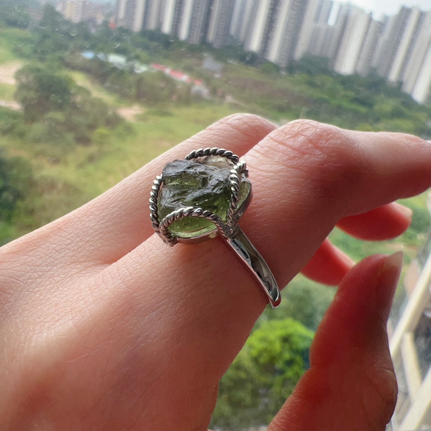 Handmade Genuine Moldavite Raw Stone Ring 925 Sterling Silver Wrapping | Rare High-Frequency Healing Stone