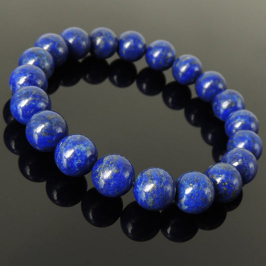 Natural 10Mm Lapis Lazuli Elastic Bracelet | Handmade Reiki Healing Jewelry For Third Eye Chakra And Improved Sleep
