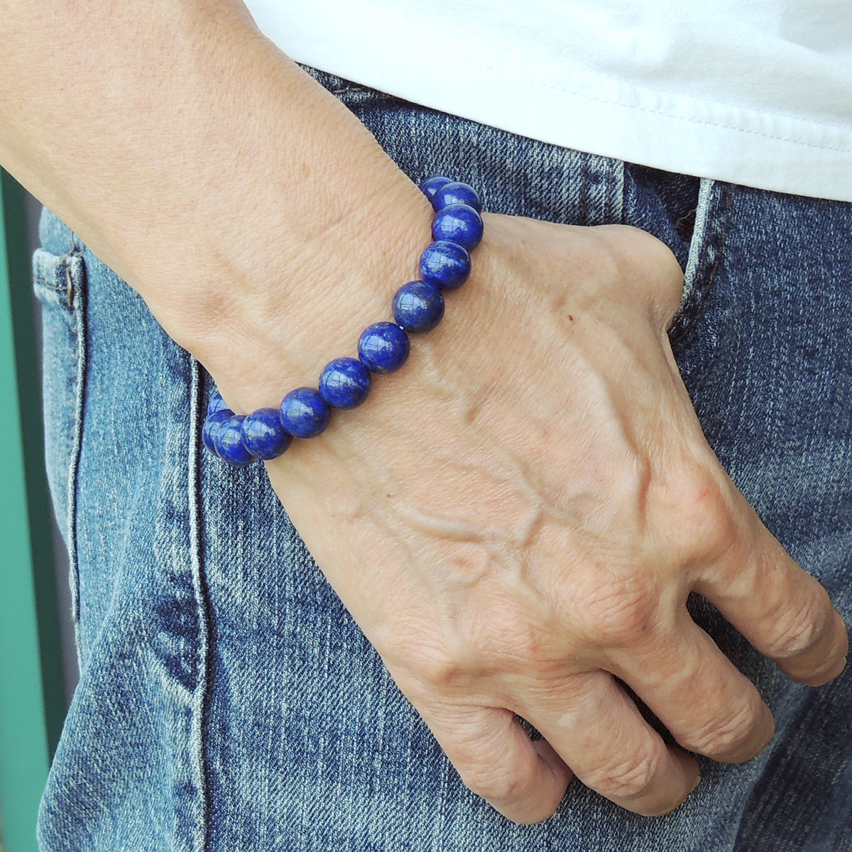 Natural 10Mm Lapis Lazuli Elastic Bracelet | Handmade Reiki Healing Jewelry For Third Eye Chakra And Improved Sleep