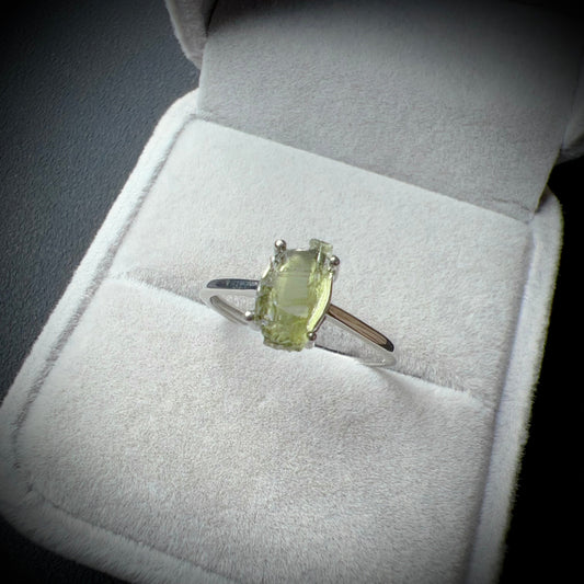 Handmade Natural Moldavite Raw Stone Ring 925 Sterling Silver Prongs | Rare High-Frequency Healing Stone