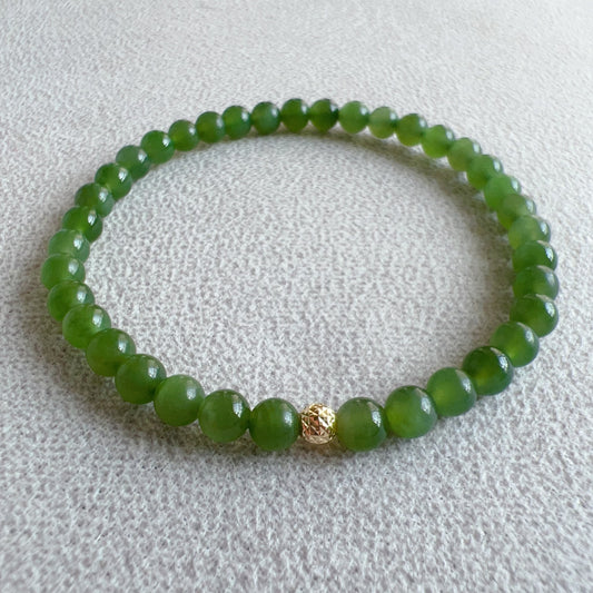 Green Nephrite Jade Bracelet With 18K Yellow Gold Faceted Bead | Natural Heart Chakra Healing Jewelry
