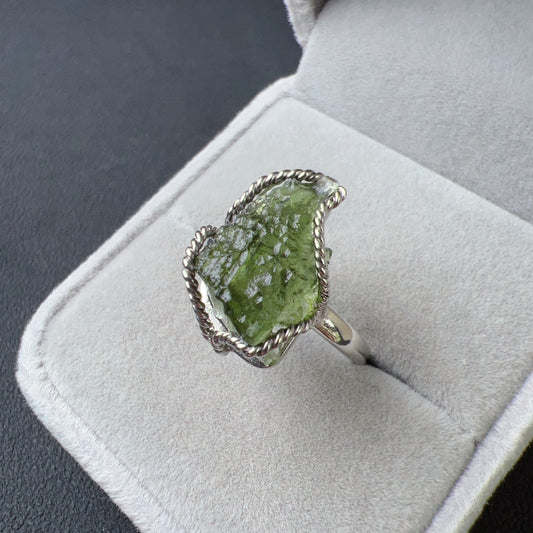 Best Green Color Genuine Moldavite Raw Stone Ring 925 Sterling Silver Wrapping | Rare High-Frequency Healing Stone