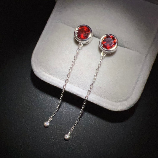 Natural Top-Grade Round Cut Garnet Earring Drops Handmade With 925 Sterling Silver & Cz Stones | One Of A Kind Fashion Jewelry