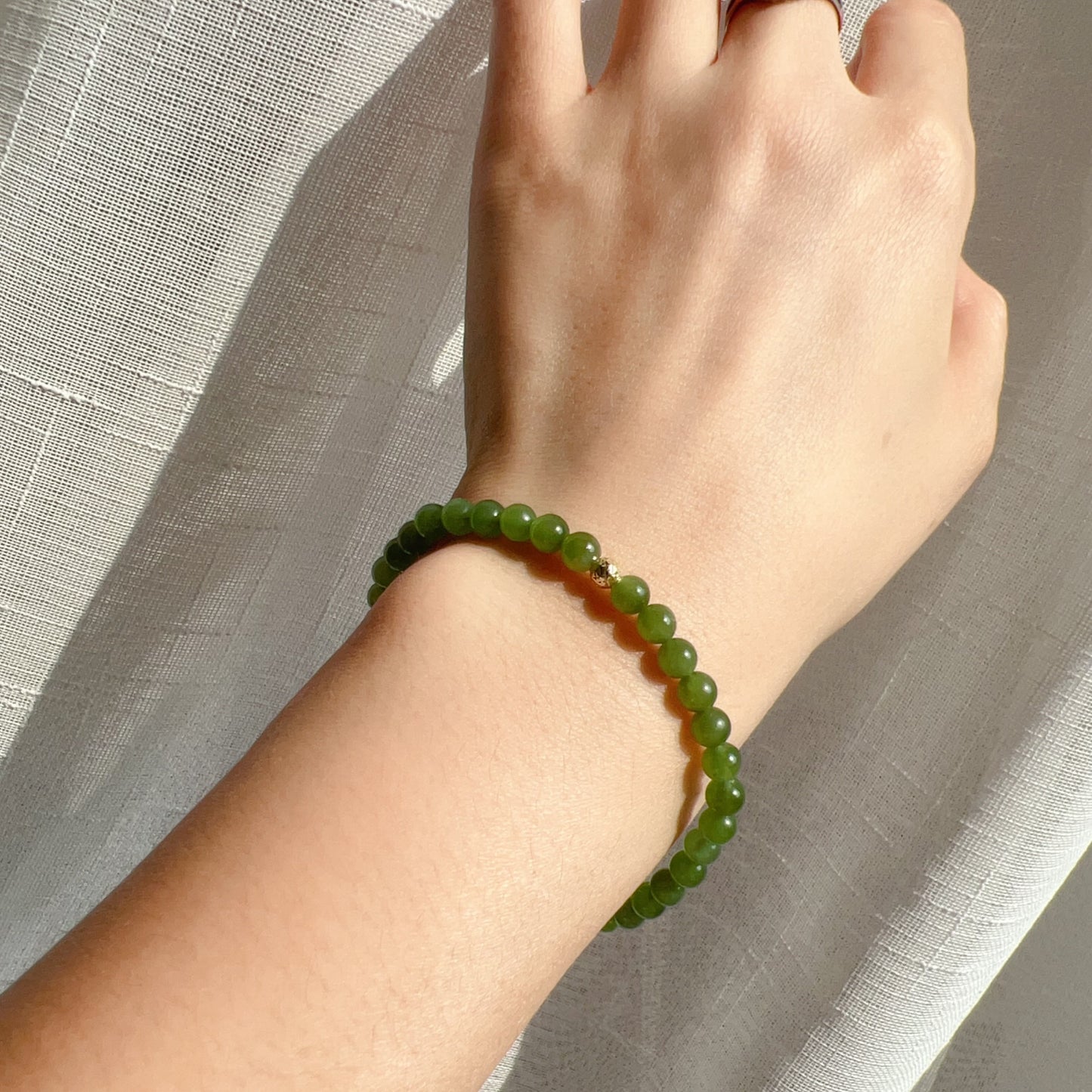 Green Nephrite Jade Bracelet With 18K Yellow Gold Faceted Bead | Natural Heart Chakra Healing Jewelry