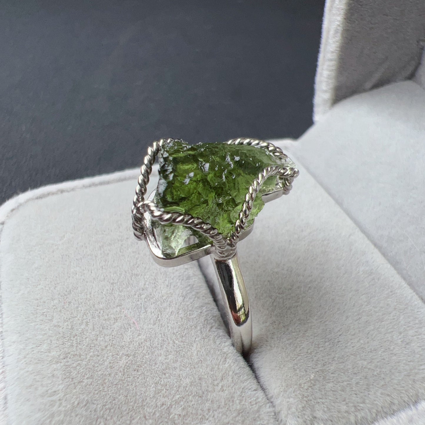 Best Green Color Genuine Moldavite Raw Stone Ring 925 Sterling Silver Wrapping | Rare High-Frequency Healing Stone