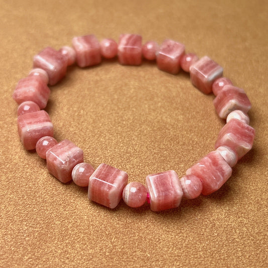 8Mm Beautiful Bacon Rhodochrosite Bracelet Unique Cube Shape | Heart Chakra Reiki Healing Improve Relationship Marriage