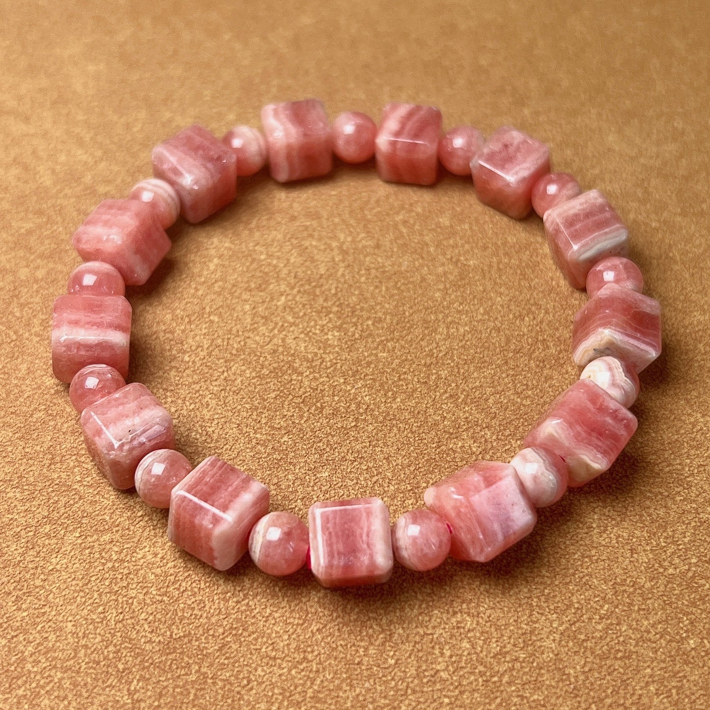 8Mm Beautiful Bacon Rhodochrosite Bracelet Unique Cube Shape | Heart Chakra Reiki Healing Improve Relationship Marriage