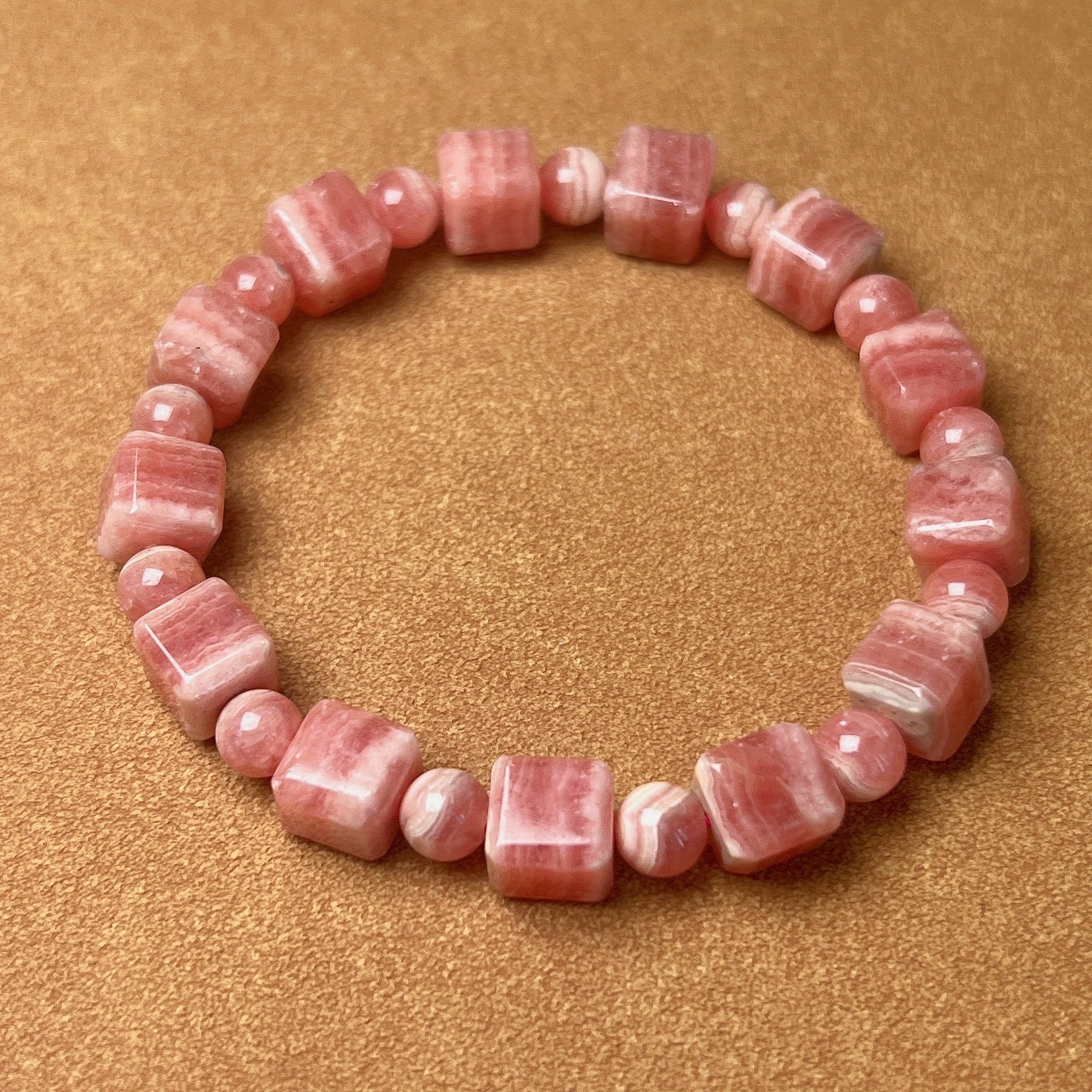 8Mm Beautiful Bacon Rhodochrosite Bracelet Unique Cube Shape | Heart Chakra Reiki Healing Improve Relationship Marriage