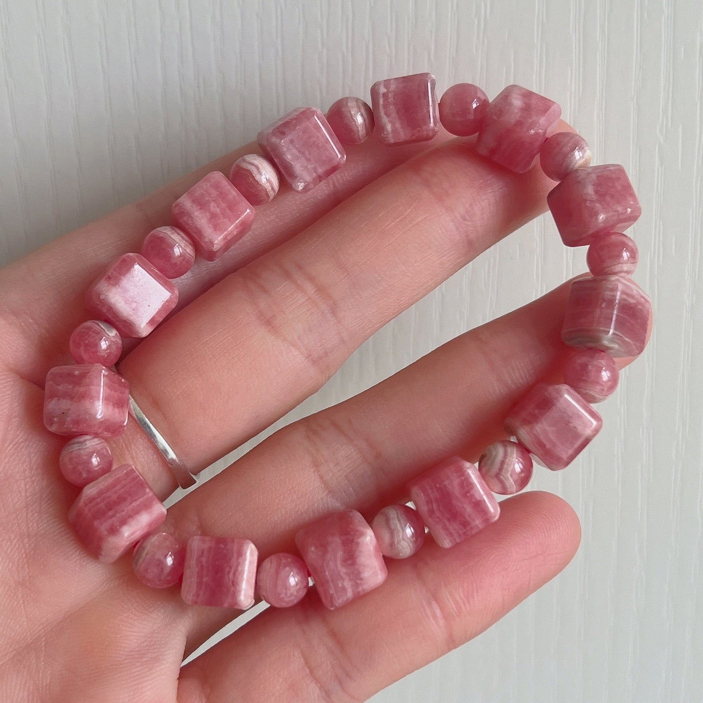 8Mm Beautiful Bacon Rhodochrosite Bracelet Unique Cube Shape | Heart Chakra Reiki Healing Improve Relationship Marriage
