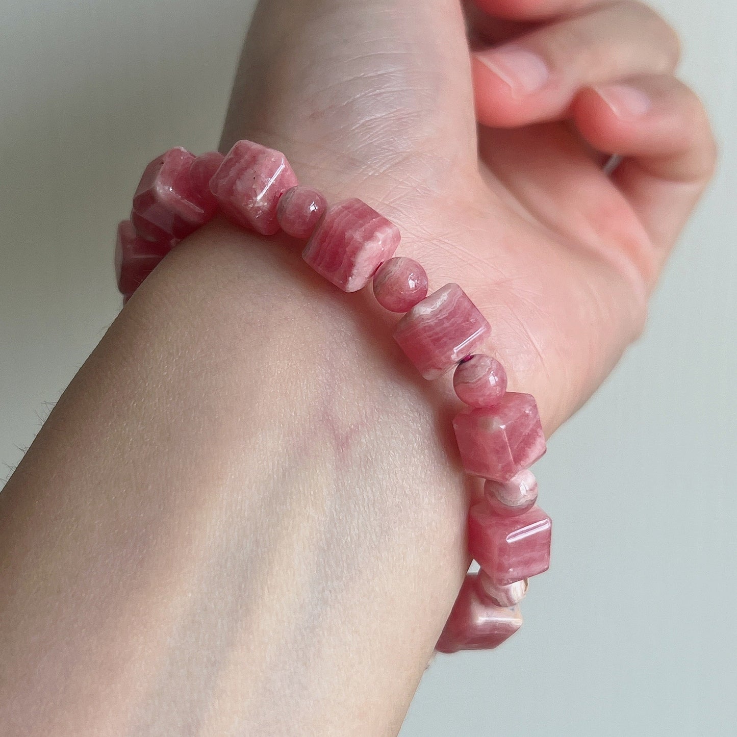 8Mm Beautiful Bacon Rhodochrosite Bracelet Unique Cube Shape | Heart Chakra Reiki Healing Improve Relationship Marriage