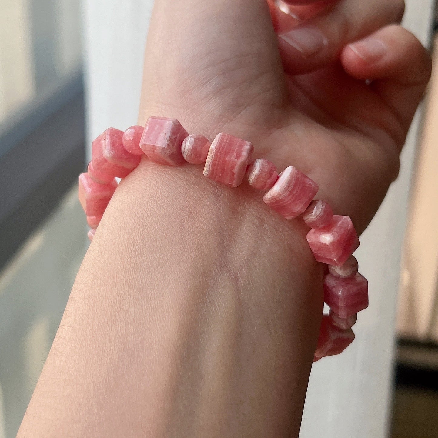 8Mm Beautiful Bacon Rhodochrosite Bracelet Unique Cube Shape | Heart Chakra Reiki Healing Improve Relationship Marriage