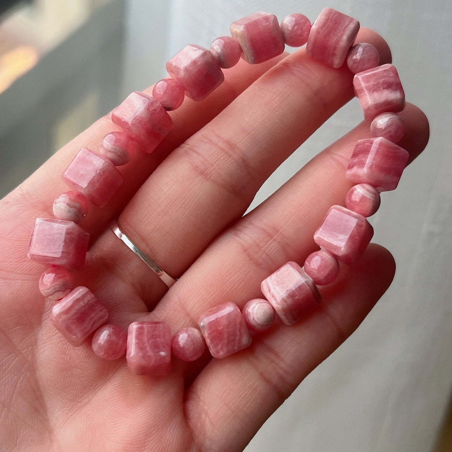 8Mm Beautiful Bacon Rhodochrosite Bracelet Unique Cube Shape | Heart Chakra Reiki Healing Improve Relationship Marriage