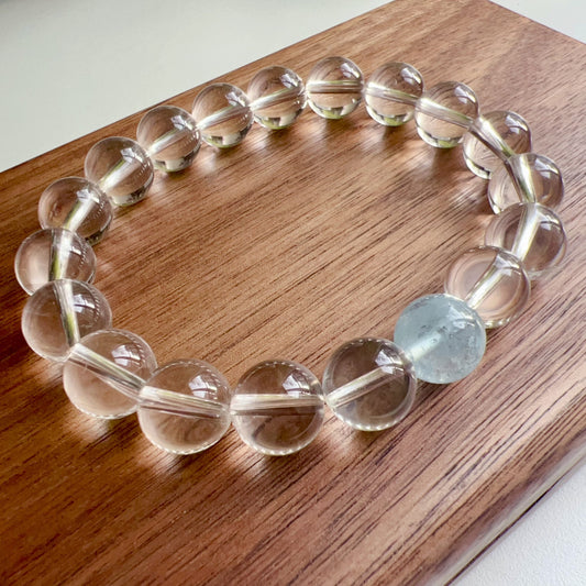 Natural Aquamarine And Clear Quartz Healing Crystal Bracelet | 10Mm Beaded Meditation Jewelry For Crown Chakra