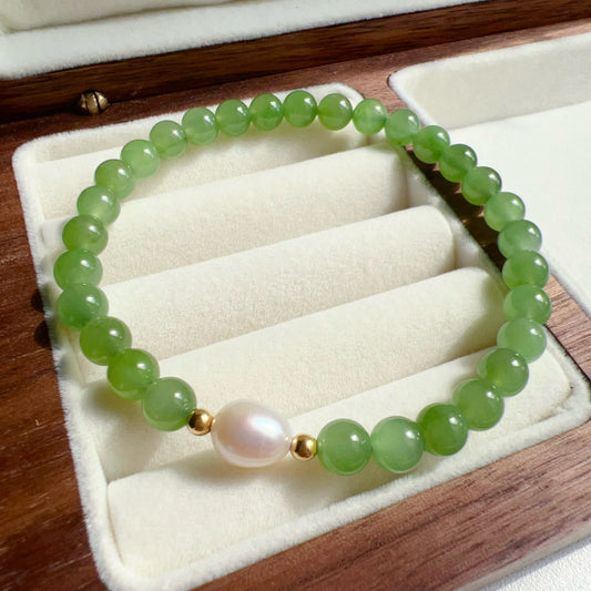 Authentic 6Mm Green Nephrite Jade Bracelet | Handcrafted With 18K Gold And Freshwater Pearl | Natural Healing Crystal Jewelry For Prosperity And Balance