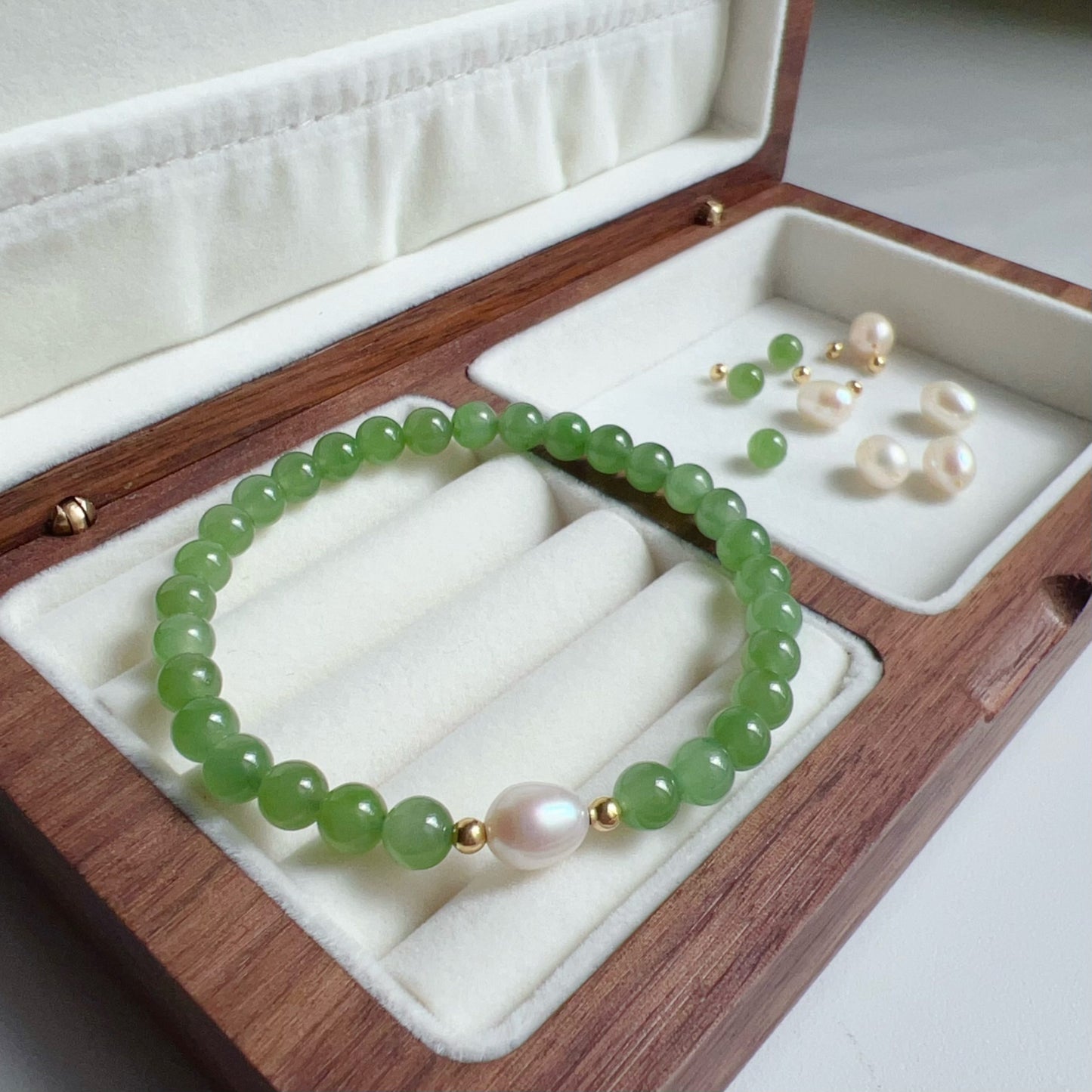 Authentic 6Mm Green Nephrite Jade Bracelet | Handcrafted With 18K Gold And Freshwater Pearl | Natural Healing Crystal Jewelry For Prosperity And Balance