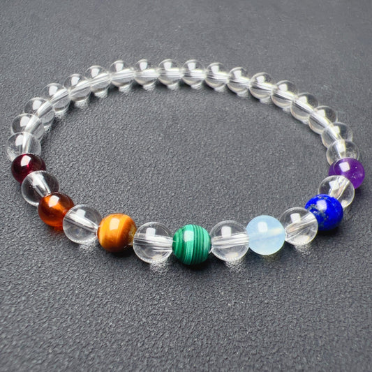 Handmade Seven Chakra Bracelet | Natural Healing Crystals: Clear Quartz, Amethyst, Lapis Lazuli, Aquamarine, Malachite, Brown Tiger Eye, Garnet