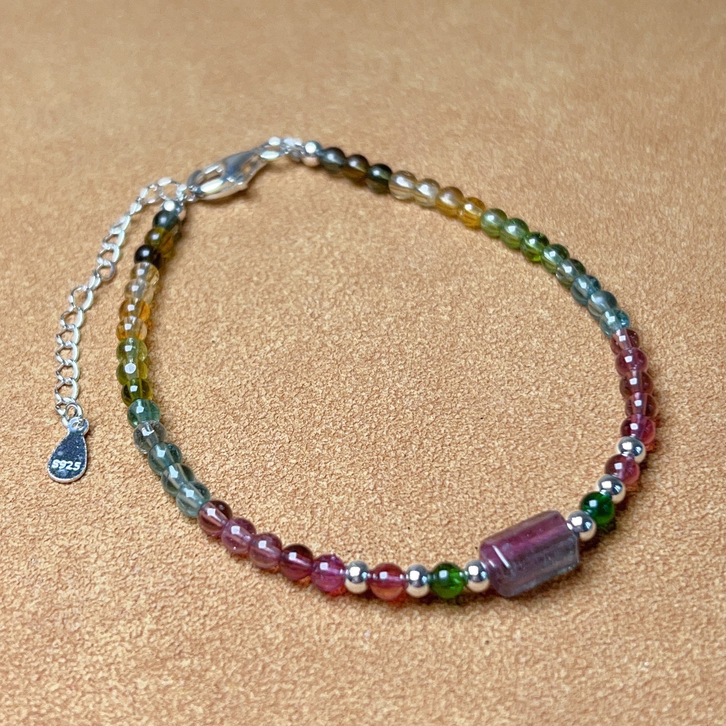 Handmade Rainbow Tourmaline Bracelet Watermelon Tourmaline | 925 Sterling Silver Silver Adjustable Style