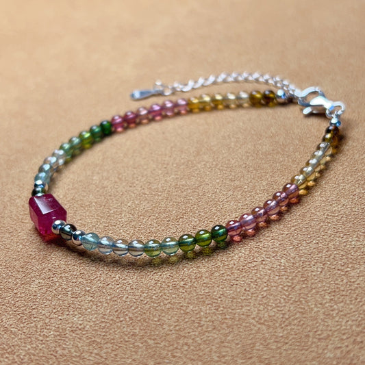Handmade Rainbow Tourmaline Bracelet Ruby Color Tourmaline | 925 Sterling Silver Silver Adjustable Style