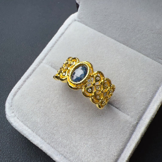 Handmade Natural Blue Sapphire Gemstone Ring With Zirconia And Brass