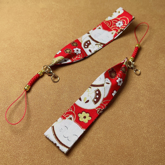 Handmade Japanese-Style Maneki Neko Fabric Cellphone Chain Red Lucky Fortune Parts
