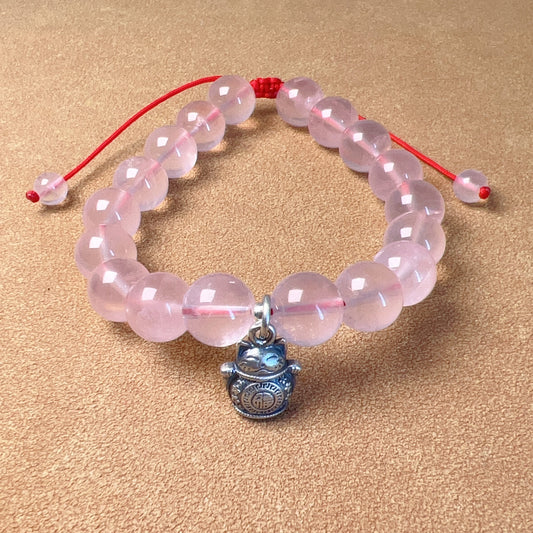 Handmade 10Mm Rose Quartz Braided Bracelet With 925 Sterling Silver Maneki Neko Pendant | 福 招财进宝 | Wealth Attraction & Blessing Jewelry