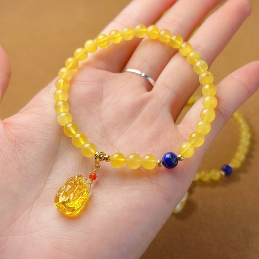 Genuine Amber Bracelet With Mini Pixiu Pendant | Lucky Stone Of Aries Gemini Leo Virgo | One Of A Kind Jewelry