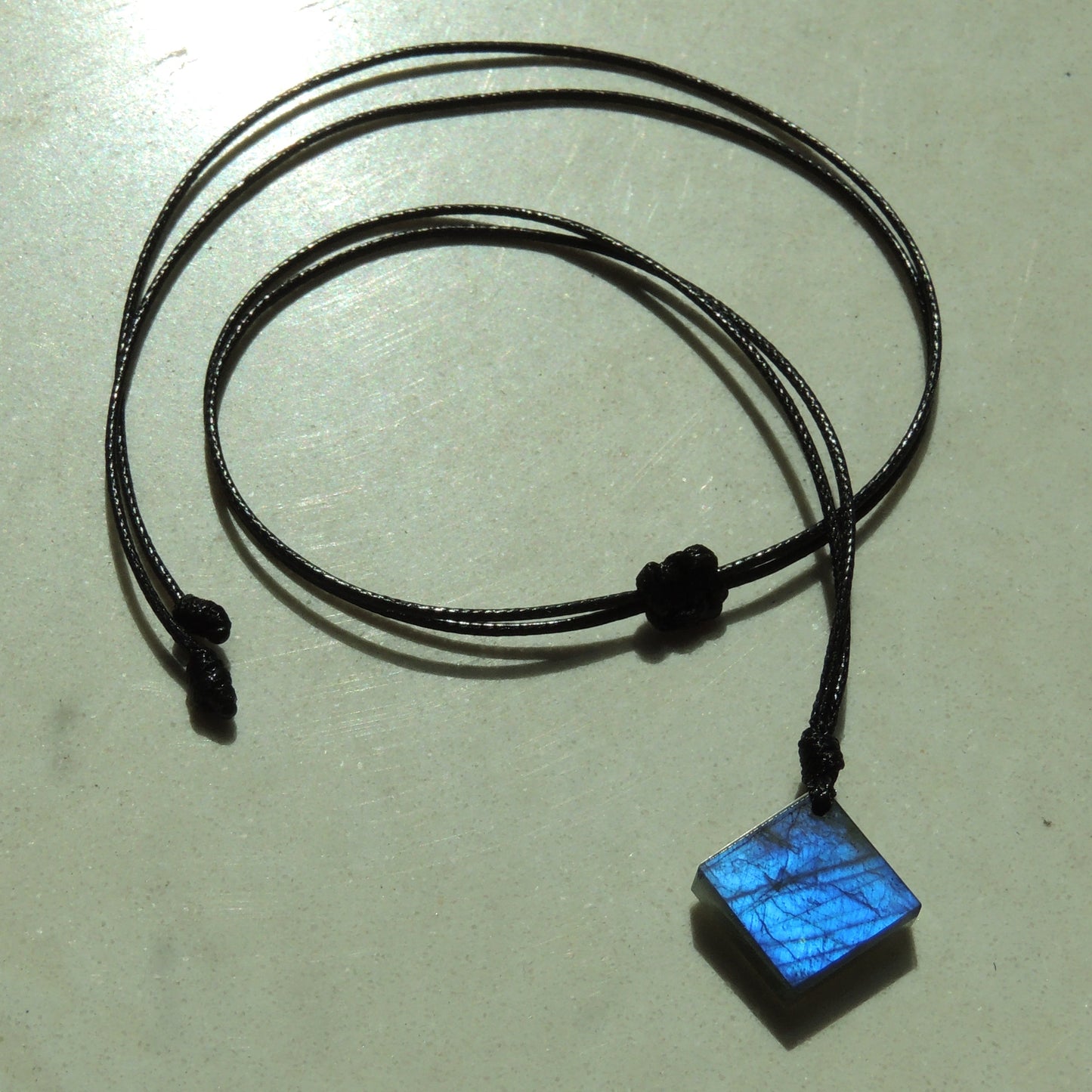 Labradorite Diamond Shape Pendant Necklace | Strong Blue Flash | Handmade Men Women Jewelry Adjustable Rope