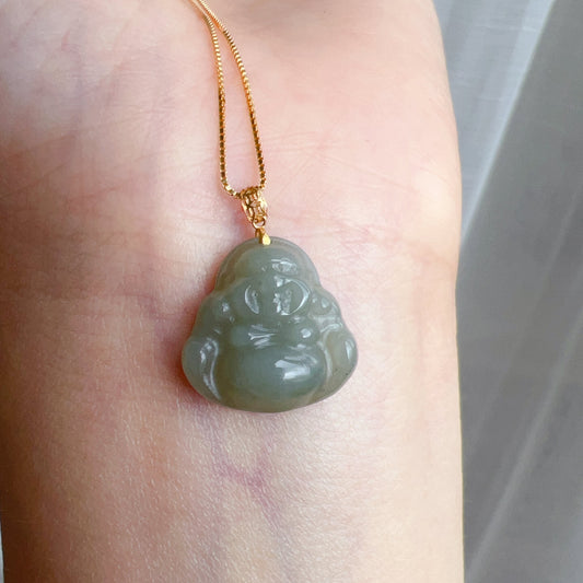 High-Quality Green Nephrite Jade Happy Buddha Pendant With 18K Yellow Gold Buckle | 925 Sterling Silver Necklace | Heart Chakra Healing Gemstone
