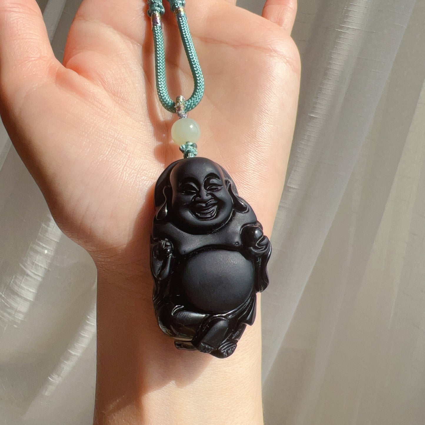 Premium Black Obsidian Buddha Pendant Necklace With Green Nephrite Jade Handmade Root Chakra Healing Jewelry