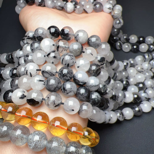 10Mm Natural Black Tourmalated Quartz Round Bead Strands For Diy Jewelry Project