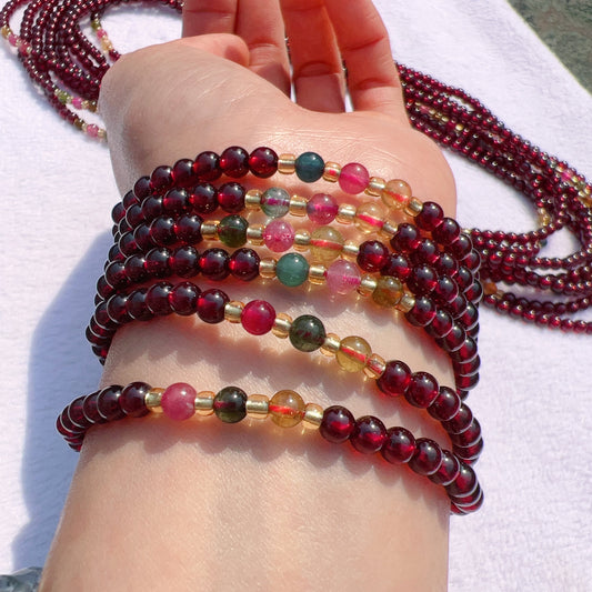 High-Quality Natural Red Garnet Rainbow Tourmaline 3-Wraps Bracelets Customized Jewelry Wholesale