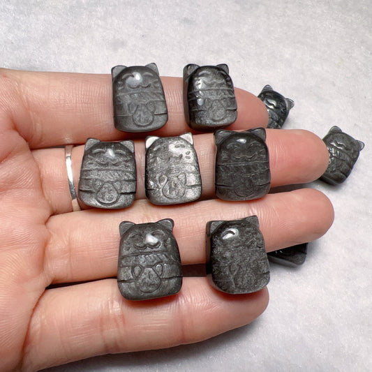 High-Quality Silver Sheen Obsidian Lucky Cat Maneki Neko Charms Pendants For Diy Jewelry Project