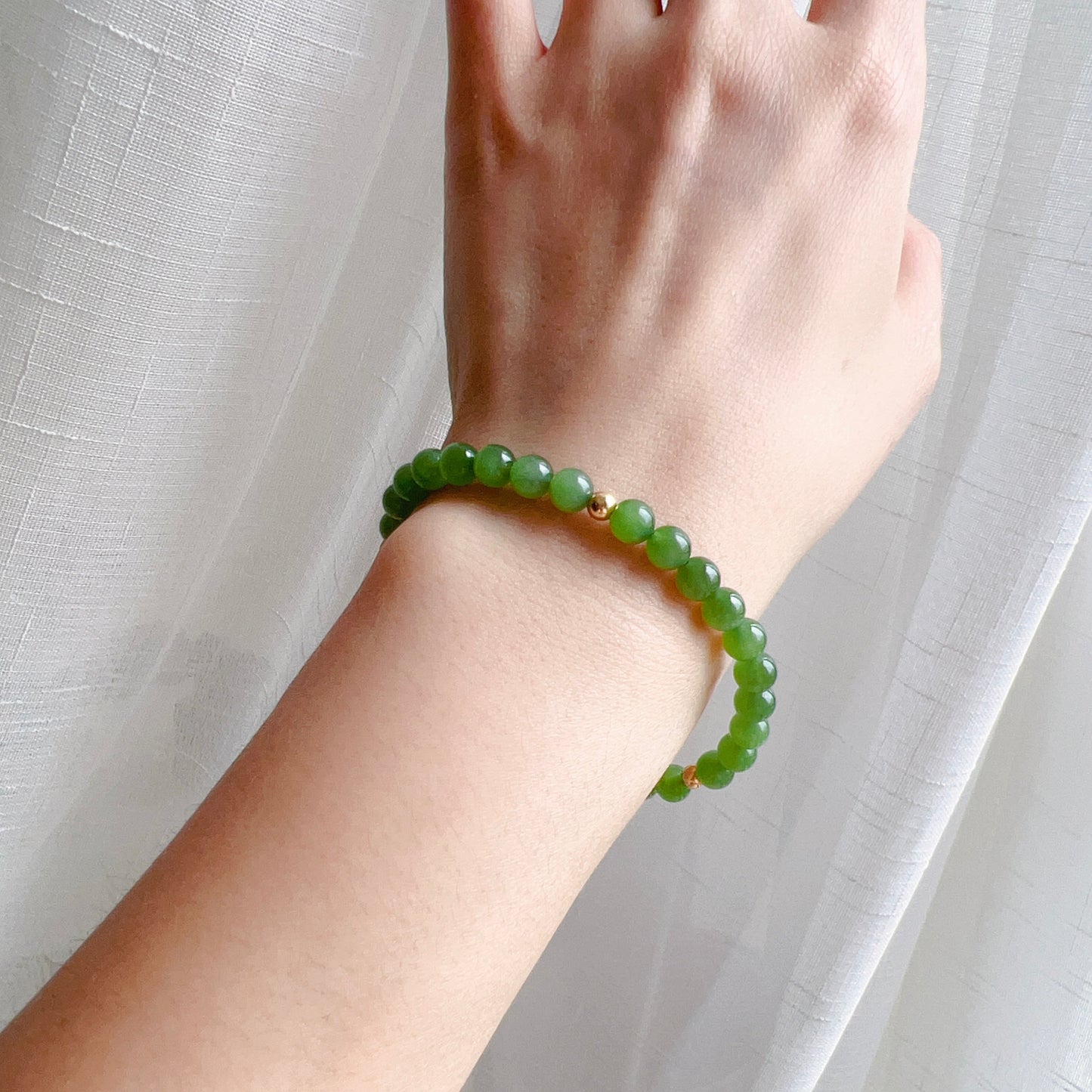 Best Color Green Nephrite Jade 6Mm Bracelet With 18K Yellow Gold Beads | Natural Heart Chakra Healing Stone Jewelry