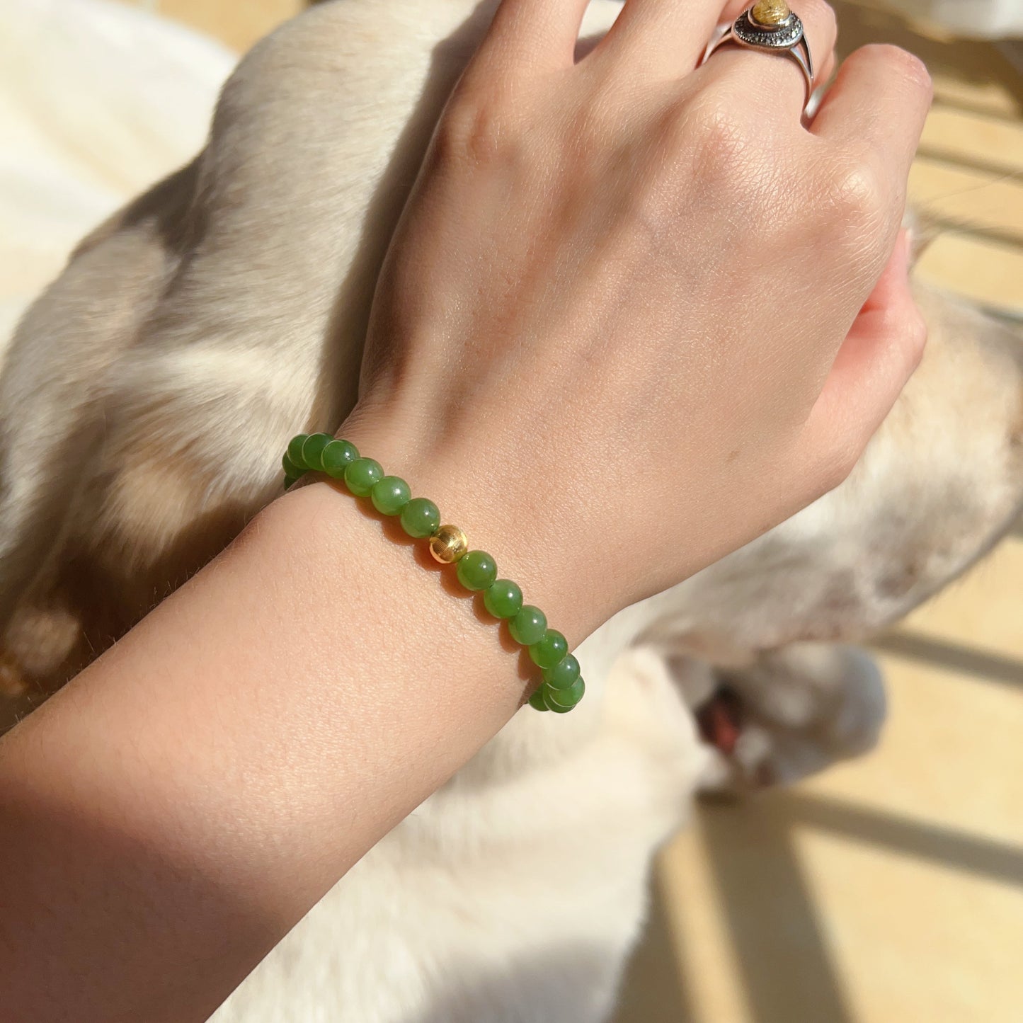 Best Green Nephrite Jade Bracelet With 18K Yellow Gold Cat Eye Bead | Natural Heart Chakra Healing Stone Jewelry