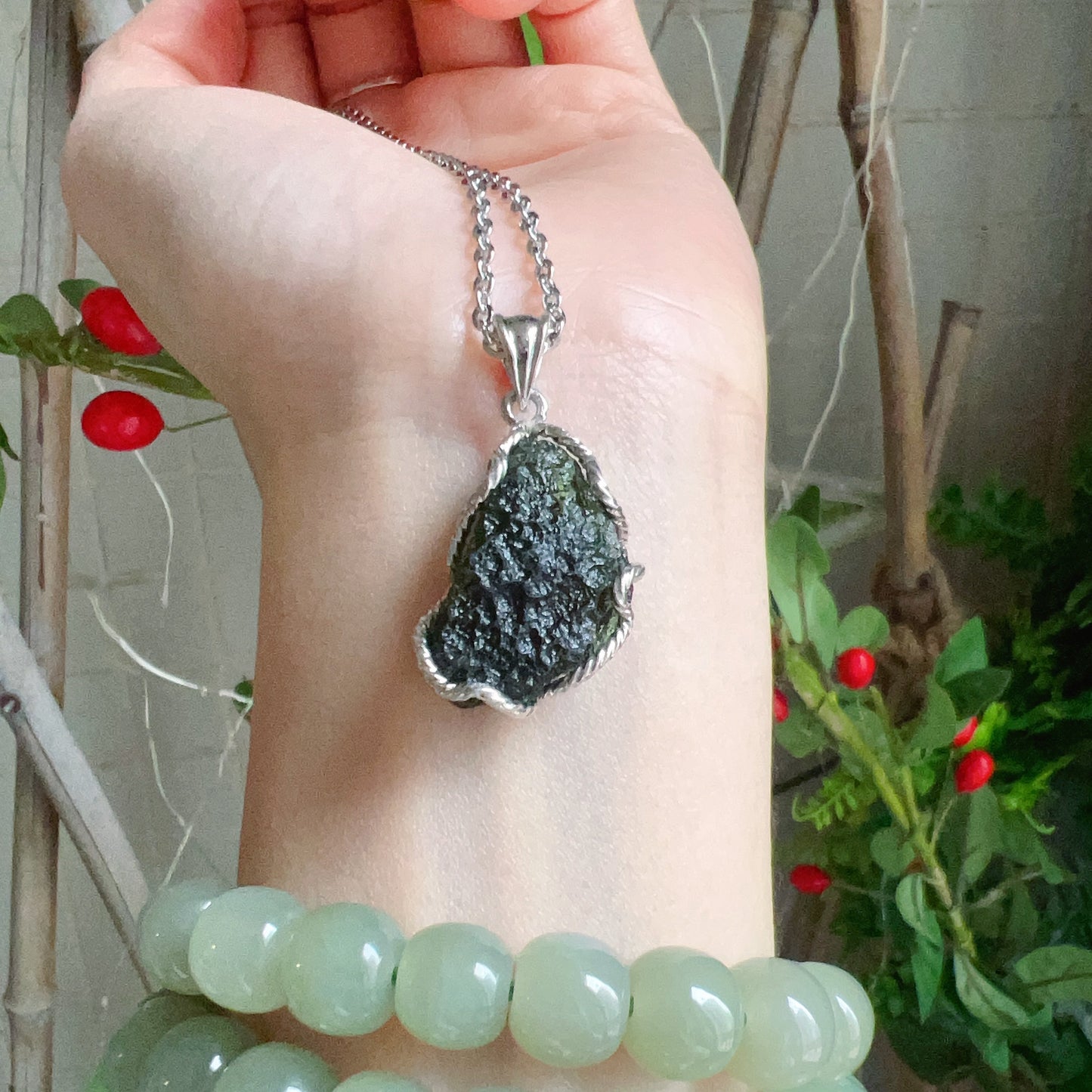 7.1G Natural Czech Moldavite Raw Stone Pendant Necklace | Top-Quality Green | Rare High-Vibration Heart Chakra Healing Stone