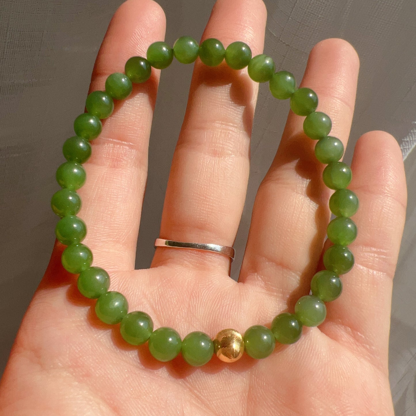 Best Green Nephrite Jade Bracelet With 18K Yellow Gold Cat Eye Bead | Natural Heart Chakra Healing Stone Jewelry