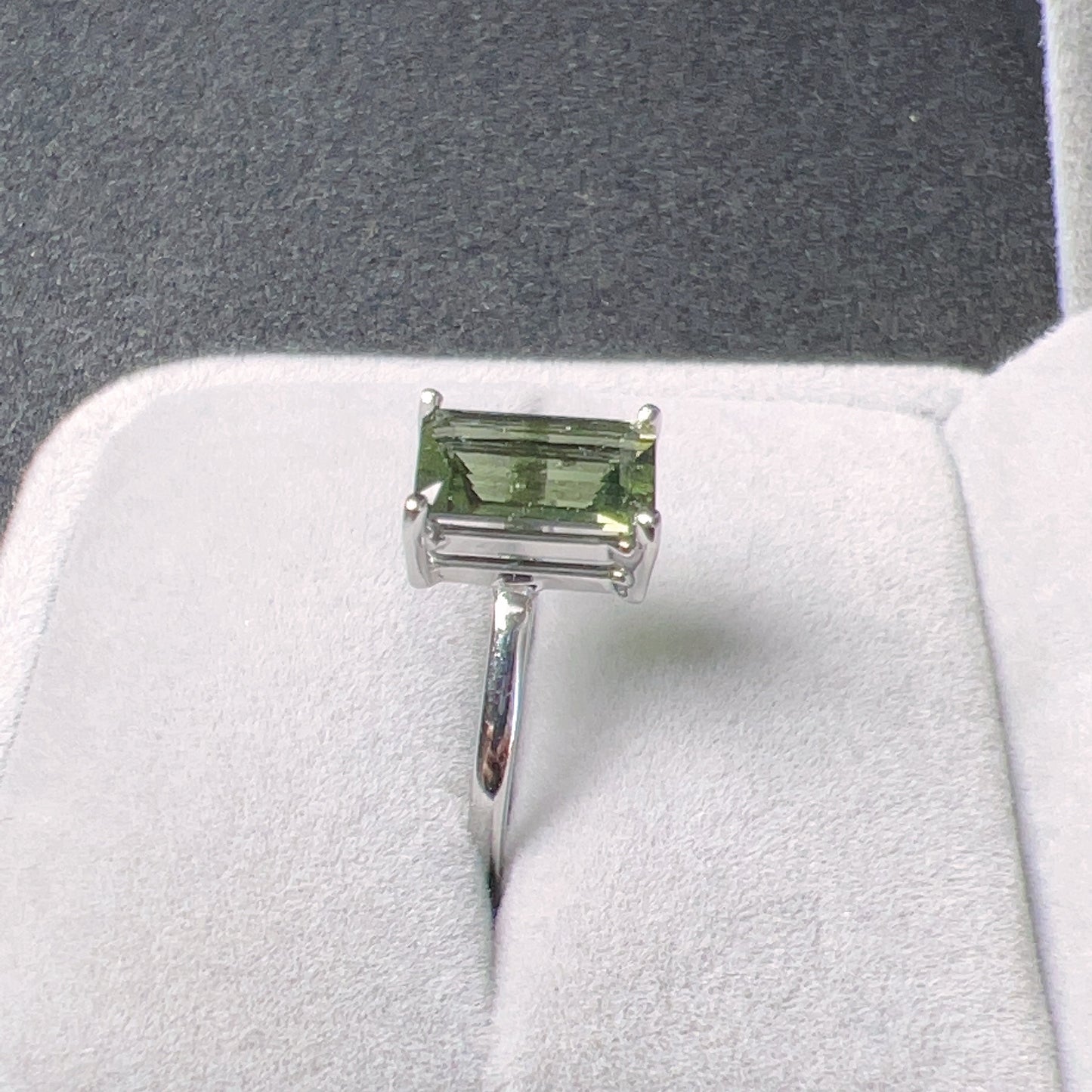 Top Grade Baguette Cut Moldavite Ring | Natural Czech Green Gemstone | Rare High-Frequency Heart Chakra Healing Stone