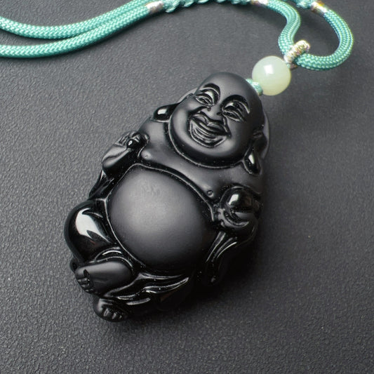 Premium Black Obsidian Buddha Pendant Necklace With Green Nephrite Jade Handmade Root Chakra Healing Jewelry