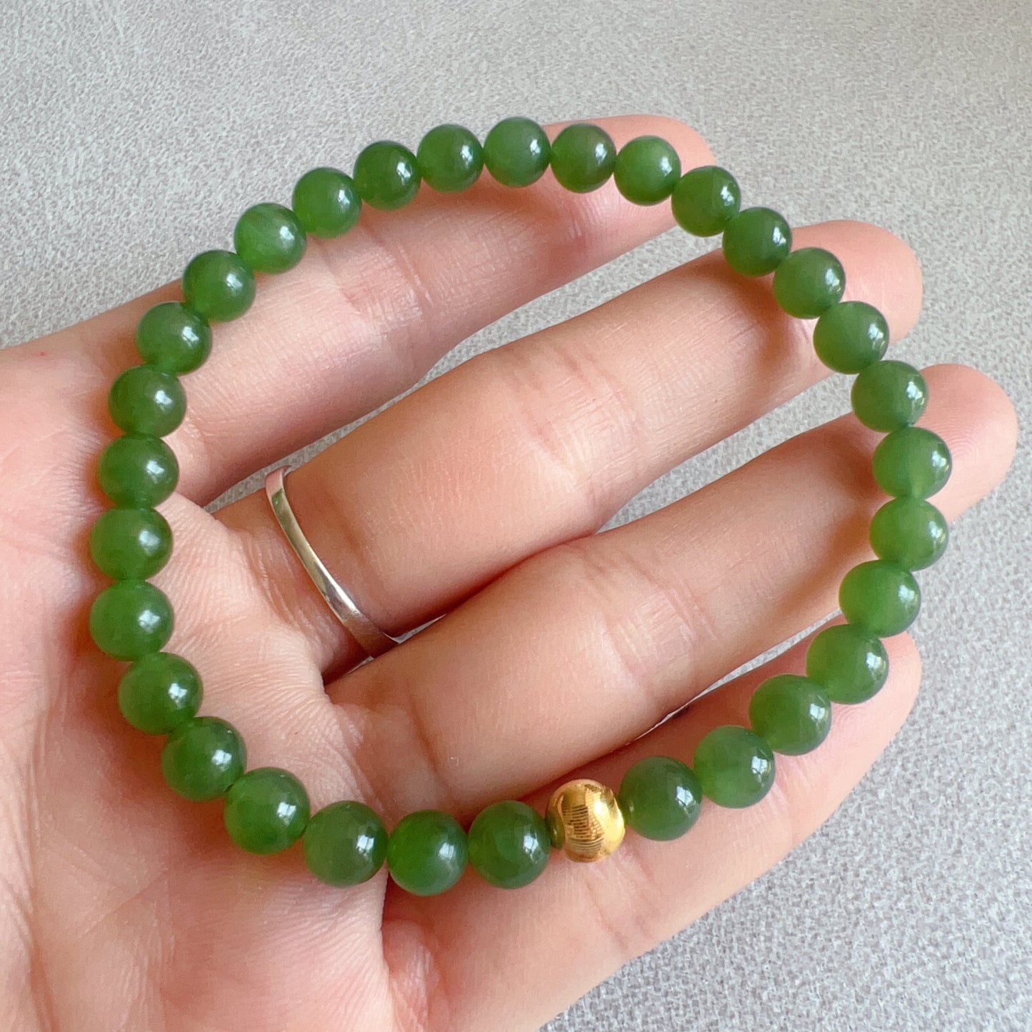 Best Green Nephrite Jade Bracelet With 18K Yellow Gold Cat Eye Bead | Natural Heart Chakra Healing Stone Jewelry